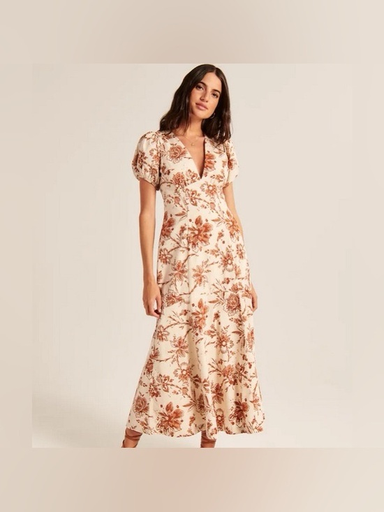 Abercrombie & Fitch Dresses & Skirts - Abercrombie & Fitch Puff Sleeve Slim Poplin Cotton Midi Dress Cream Brown Floral